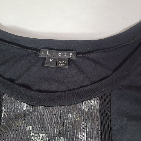 Theory Jovie Black Short-Sleeve Metallic Sequined Pima Cotton Blend Top Size XS - Picture 2 of 6